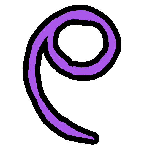 the sitelen pona glyph for the toki pona word 'mi,' which looks like a backwards 9, colored in purple.